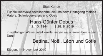 Traueranzeige von Hans-Günter Debus von Siegener Zeitung