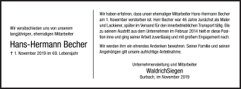 Traueranzeige von Hans-Hermann Becher von Siegener Zeitung