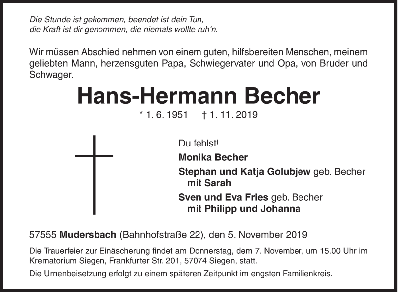 Traueranzeige für Hans-Hermann Becher vom 05.11.2019 aus Siegener Zeitung