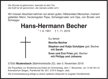 Traueranzeige von Hans-Hermann Becher von Siegener Zeitung