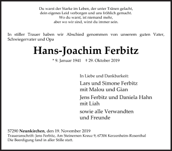 Traueranzeige von Hans-Joachim Ferbitz von Siegener Zeitung