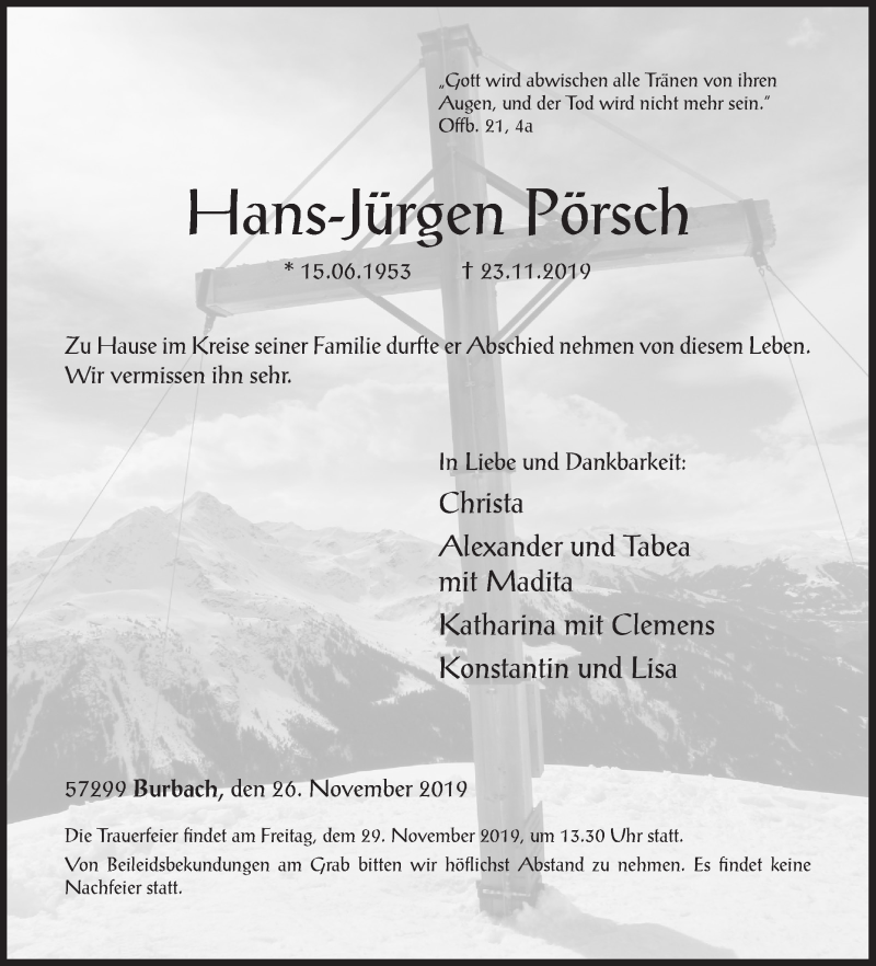  Traueranzeige für Hans-Jürgen Pörsch vom 26.11.2019 aus Siegener Zeitung