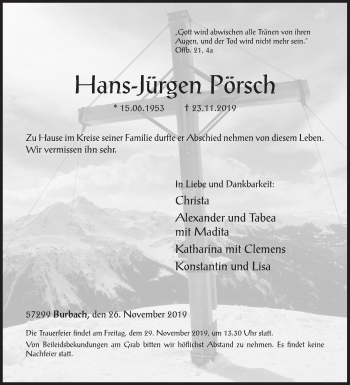 Traueranzeige von Hans-Jürgen Pörsch von Siegener Zeitung