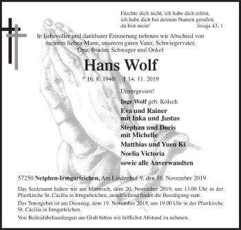 Traueranzeige von Hans Wolf von Siegener Zeitung