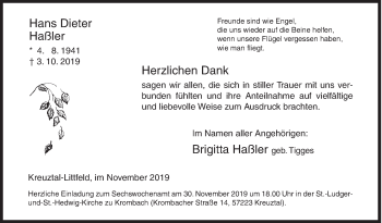 Traueranzeige von Hans Dieter Haßler von Siegener Zeitung