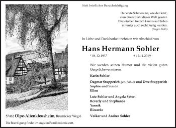 Traueranzeige von Hans Hermann Sohler von Siegener Zeitung