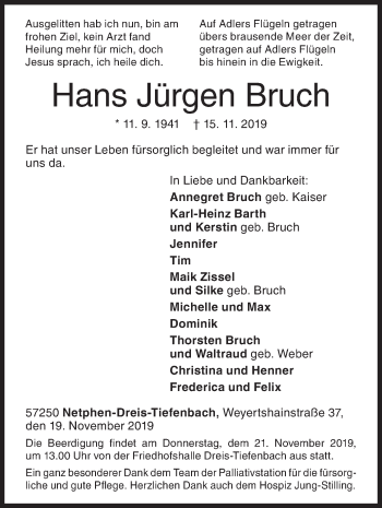 Traueranzeige von Hans Jürgen Bruch von Siegener Zeitung