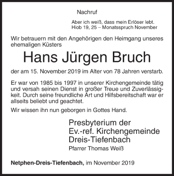 Traueranzeige von Hans Jürgen Bruch von Siegener Zeitung