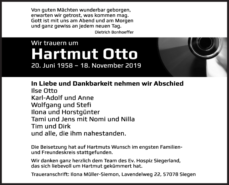  Traueranzeige für Hartmut Otto vom 26.11.2019 aus Siegener Zeitung