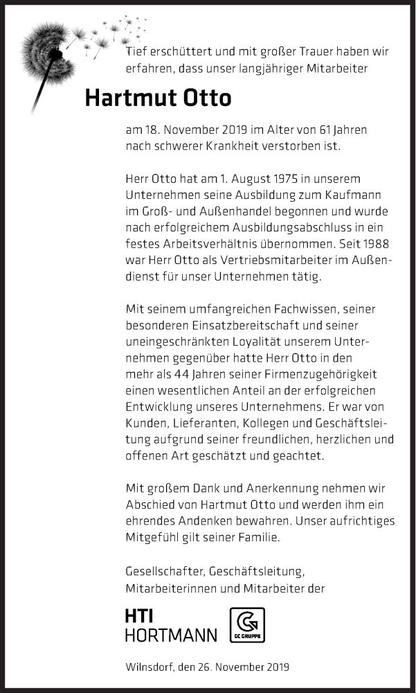  Traueranzeige für Hartmut Otto vom 26.11.2019 aus Siegener Zeitung