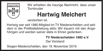 Traueranzeige von Hartwig Melchert von Siegener Zeitung