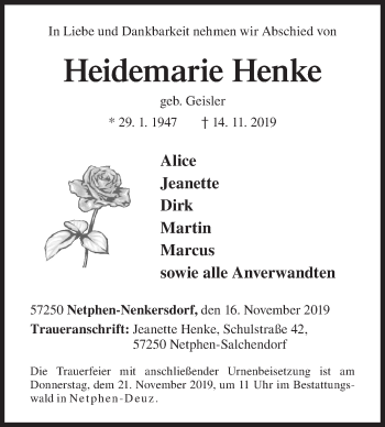 Traueranzeige von Heidemarie Henke von Siegener Zeitung