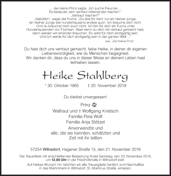 Traueranzeige von Heike Stahlberg von Siegener Zeitung