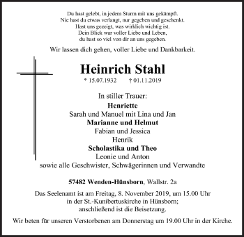 Traueranzeige von Heinrich Stahl von Siegener Zeitung