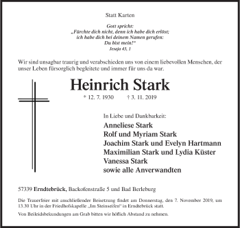 Traueranzeige von Heinrich Stark von Siegener Zeitung