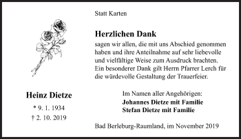 Traueranzeige von Heinz Dietze von Siegener Zeitung