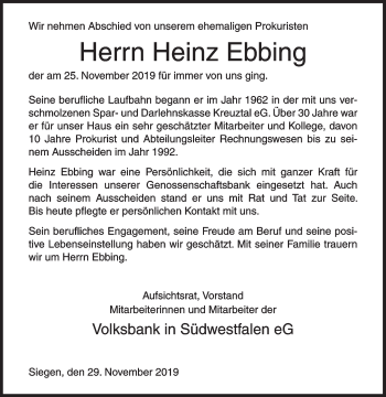 Traueranzeige von Heinz Ebbing von Siegener Zeitung