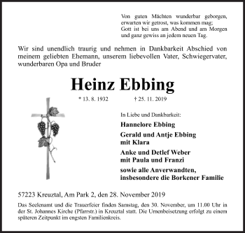Traueranzeige von Heinz Ebbing von Siegener Zeitung