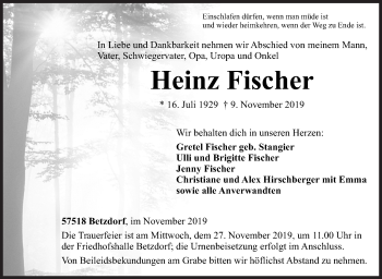 Traueranzeige von Heinz Fischer von Siegener Zeitung