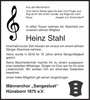 Traueranzeige von Heinz Stahl von Siegener Zeitung