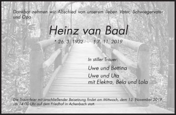 Traueranzeige von Heinz van Baal von Siegener Zeitung