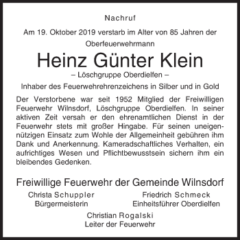 Traueranzeige von Heinz Günter Klein von Siegener Zeitung
