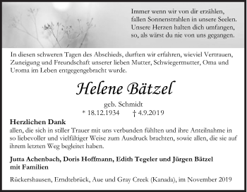 Traueranzeige von Helene Bätzel von Siegener Zeitung