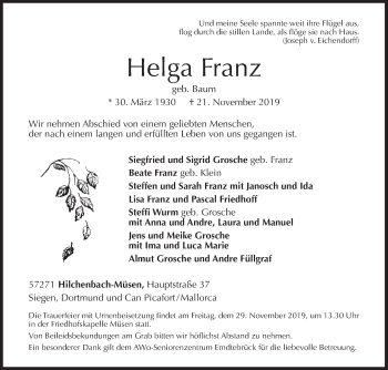 Traueranzeige von Helga Franz von Siegener Zeitung