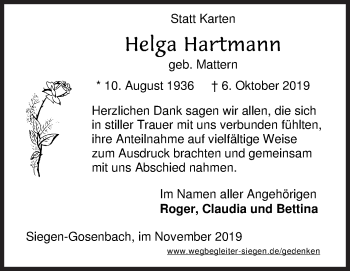 Traueranzeige von Helga Hartmann von Siegener Zeitung