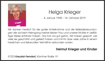 Traueranzeige von Helga Krieger von Siegener Zeitung