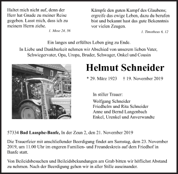 Traueranzeige von Helmut Schneider von Siegener Zeitung