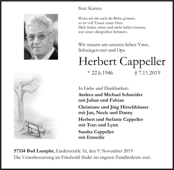 Traueranzeige von Herbert Cappeller von Siegener Zeitung
