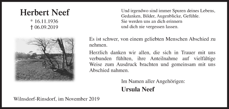  Traueranzeige für Herbert Neef vom 22.11.2019 aus Siegener Zeitung