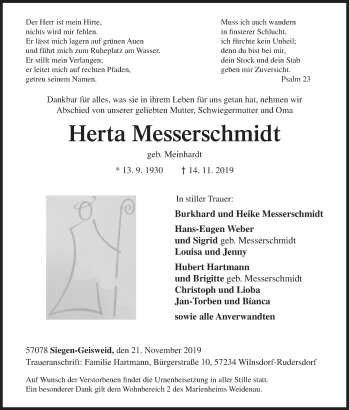 Traueranzeige von Herta Messerschmidt von Siegener Zeitung