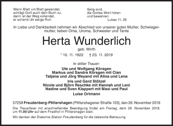 Traueranzeige von Herta Wunderlich von Siegener Zeitung