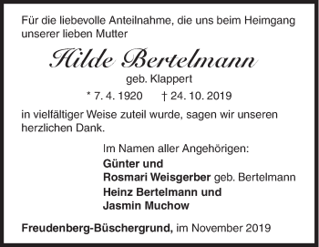 Traueranzeige von Hilde Bertelmann von Siegener Zeitung