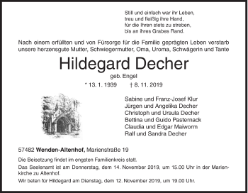 Traueranzeige von Hildegard Decher von Siegener Zeitung