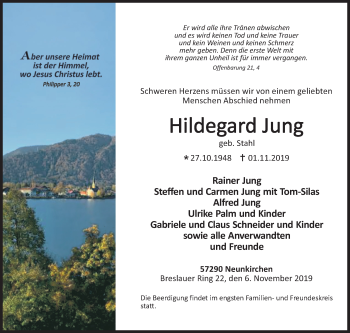Traueranzeige von Hildegard Jung von Siegener Zeitung