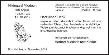 Traueranzeige von Hildegard Mlodoch von Siegener Zeitung