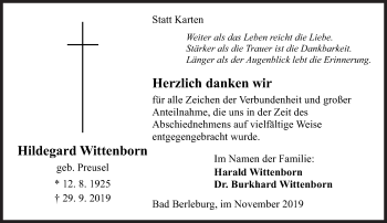 Traueranzeige von Hildegard Wittenborn von Siegener Zeitung