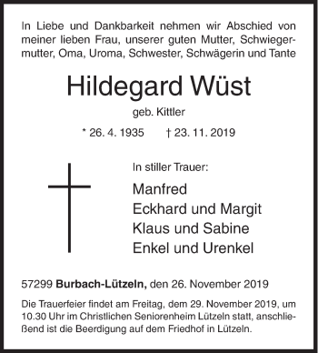 Traueranzeige von Hildegard Wüst von Siegener Zeitung
