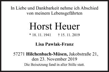 Traueranzeige von Horst Heuer von Siegener Zeitung
