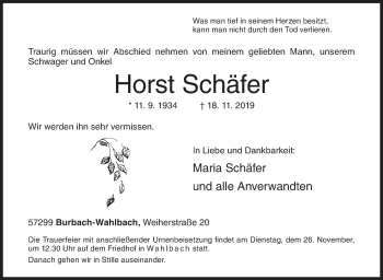 Traueranzeige von Horst Schäfer von Siegener Zeitung