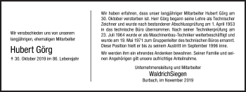 Traueranzeige von Hubert Görg von Siegener Zeitung