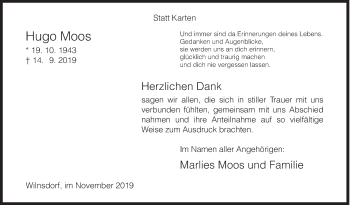 Traueranzeige von Hugo Moos von Siegener Zeitung