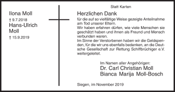 Traueranzeige von Ilona und Hans-Ulrich Moll von Siegener Zeitung