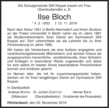 Traueranzeige von Ilse Bloch von Siegener Zeitung