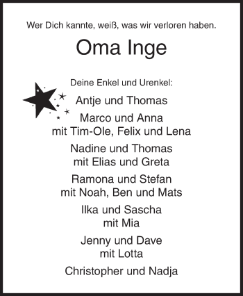 Traueranzeige von Inge  von Siegener Zeitung