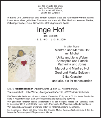 Traueranzeige von Inge Hof von Siegener Zeitung