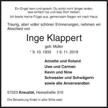 Traueranzeige von Inge Klappert von Siegener Zeitung